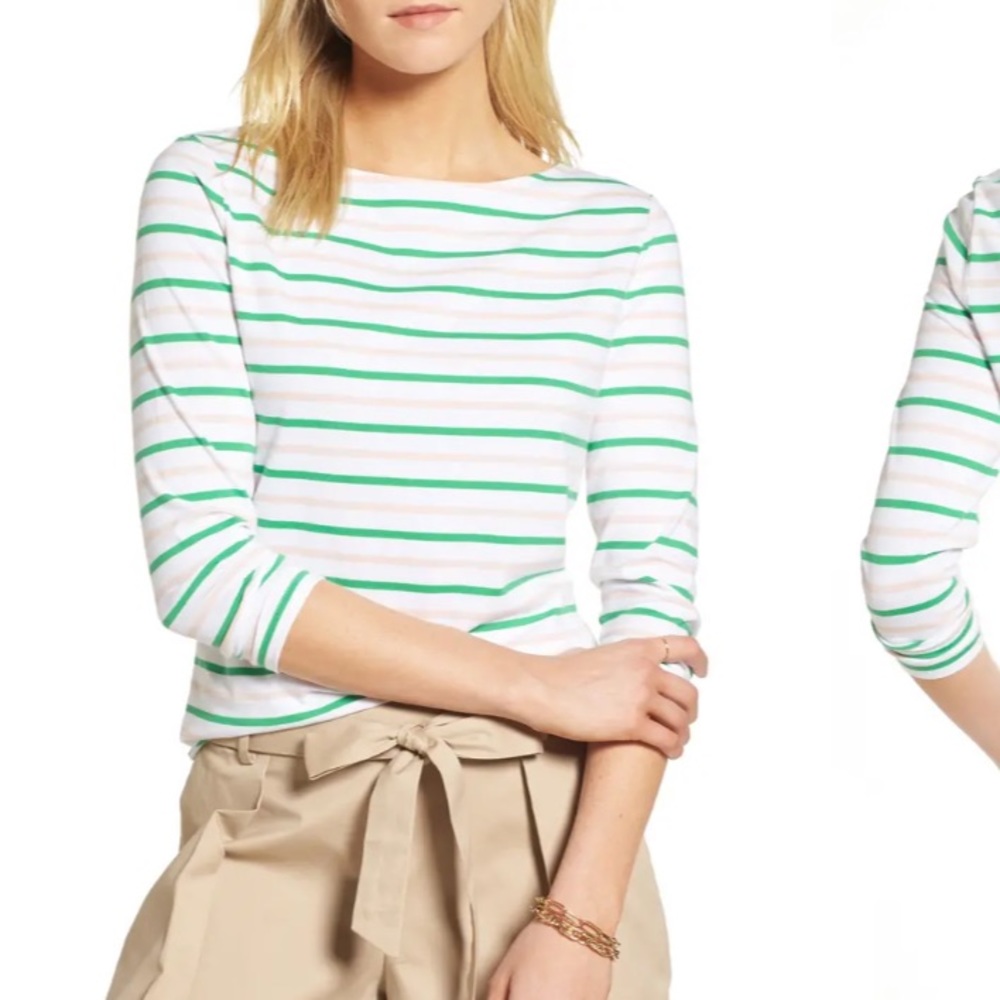 Green & pink striped boatneck tee, size small
